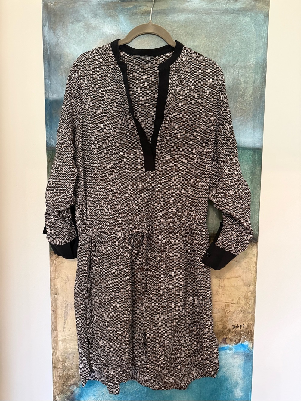 Vince Black and White Textured Long-Sleeve Drawstring Dress